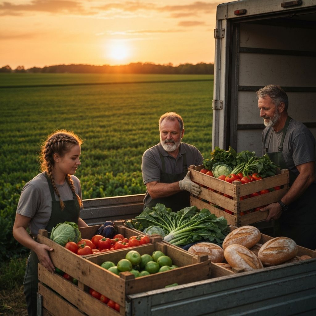 Volunteers loading food donations into trucks at golden hour