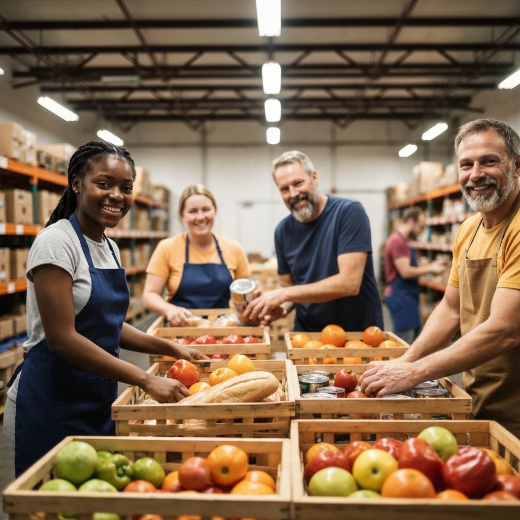 Volunteers sorting donated food at the pantry